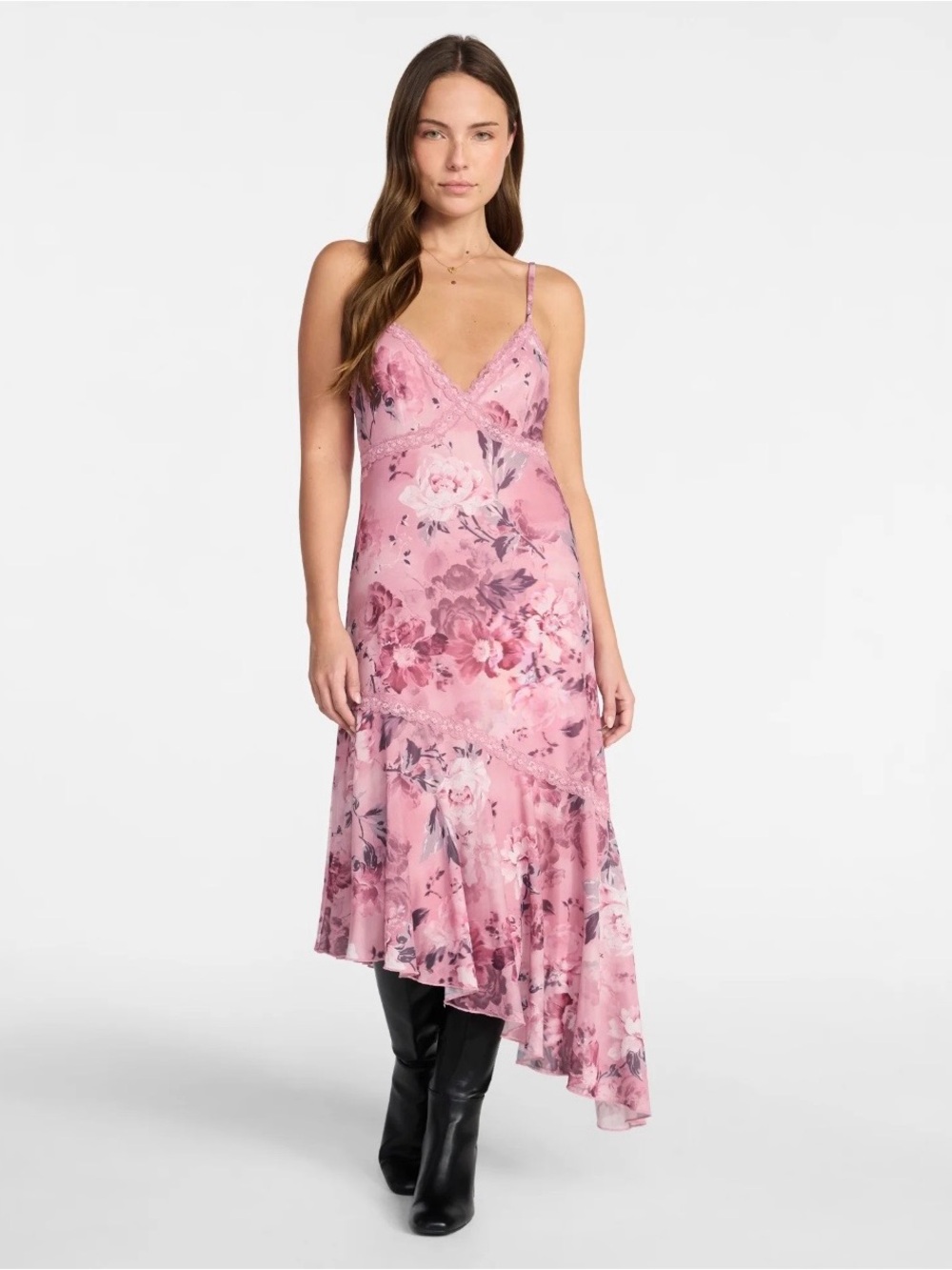 Floral Pink High-Low Slip Dress with Lace Trim